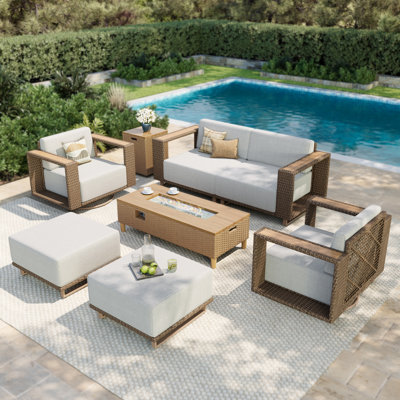 Ensemble de conversation d'extérieur en osier pour 6 personnes avec chaises pivotantes et table de foyer