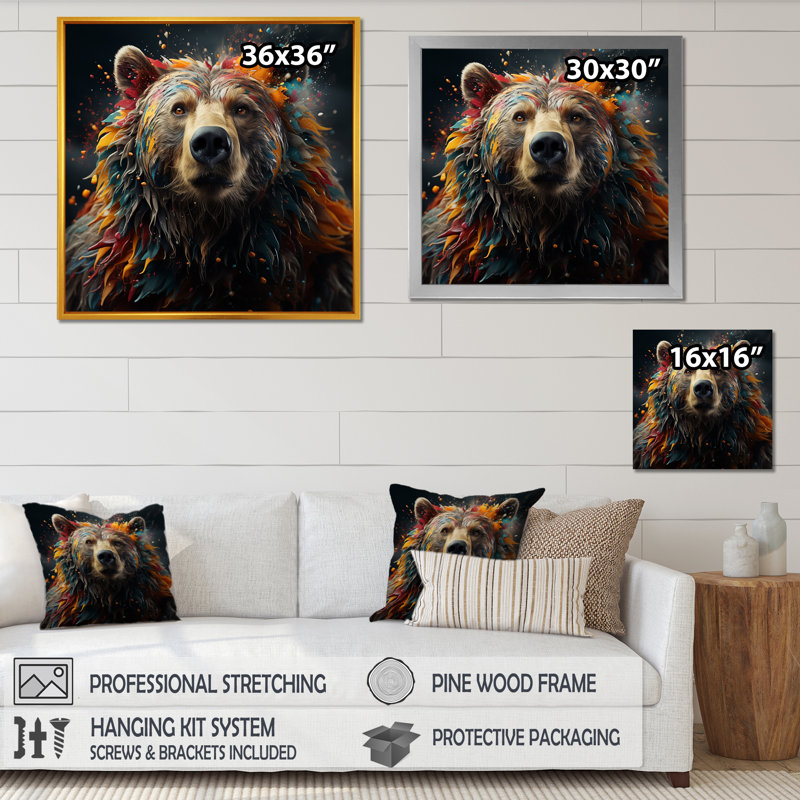 «Multicolor Grizzly Bear Grace», art mural sur toile, H 24 po x l 24 po x P 1 po, Cadre doré simple