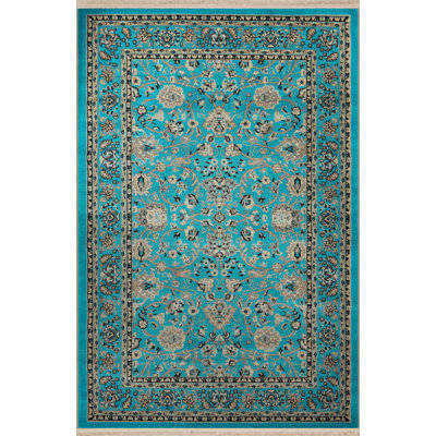Turquoise-Themed Motif Ethnic Floral Patterned Fringed Vintage Decorative Rug