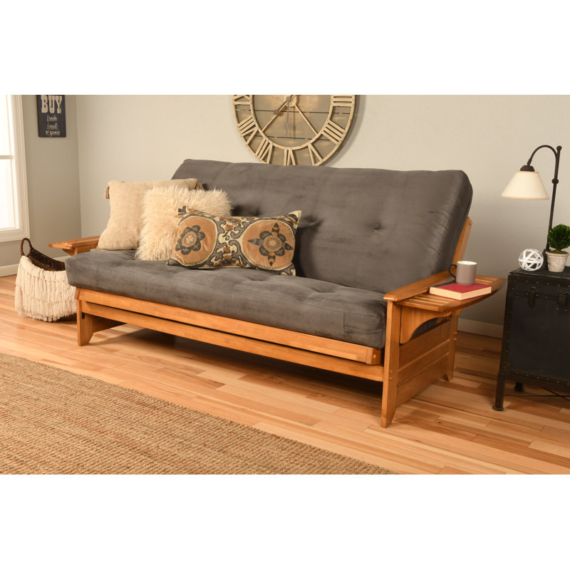 Johnte 82'' Wide Full Futon And Mattress, Butternut, Suede Gray Microsuede, Premium Pocket Coil