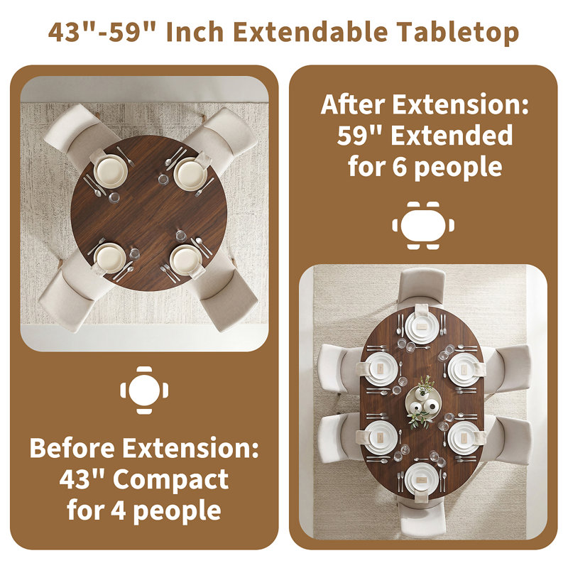 Colne Round Extendable Modern Kitchen Dining Table Set With 36.6"H Dining Chair, Brown, Brown, 3 Pieces: Table, 2 Chairs