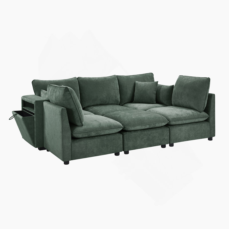 Canapé modulaire moderne en forme de U avec repose-pieds mobile, accoudoirs de rangement et ports de chargement USB pour des espaces de vie polyvalents.