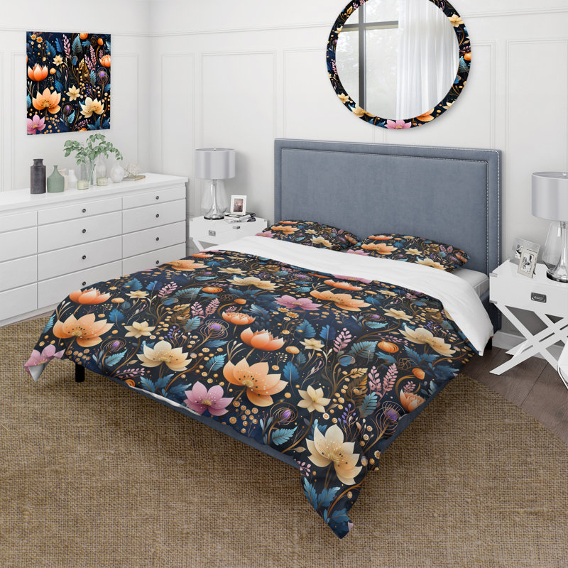Ensemble de housse de couette à motif floral multicolore bleu II, Housse de couette pour très grand lit et 2 très
