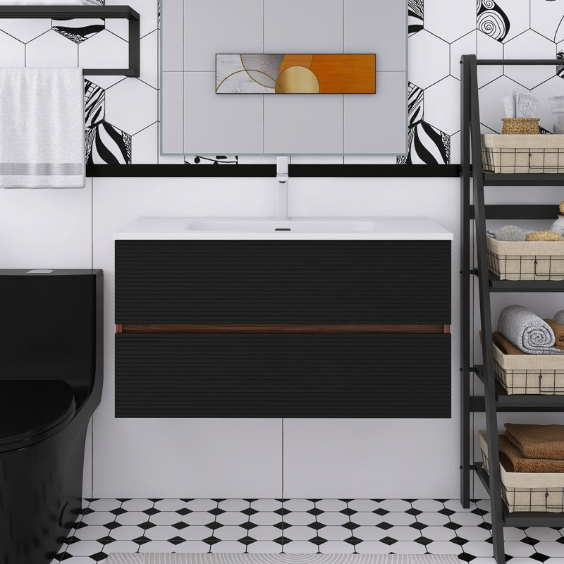 36" Soft Black & Walnut Wall Mounted Bathroom Vanity With Ceramic Sink