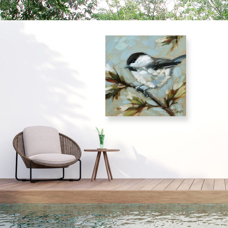 Andrea Lavery, mésange sur toile de pin, H 18 po x l 18 po