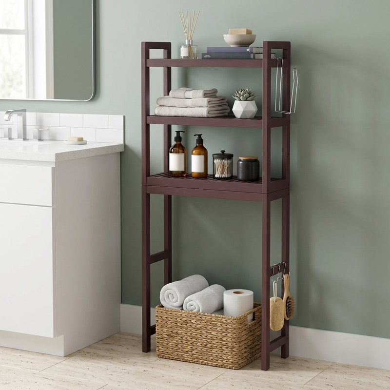 Rangement au-dessus de la toilette, organisateur de salle de bain à 3 niveaux avec tablette réglable, 26 po x 63 po x 170 cm, peu encombrant, brun