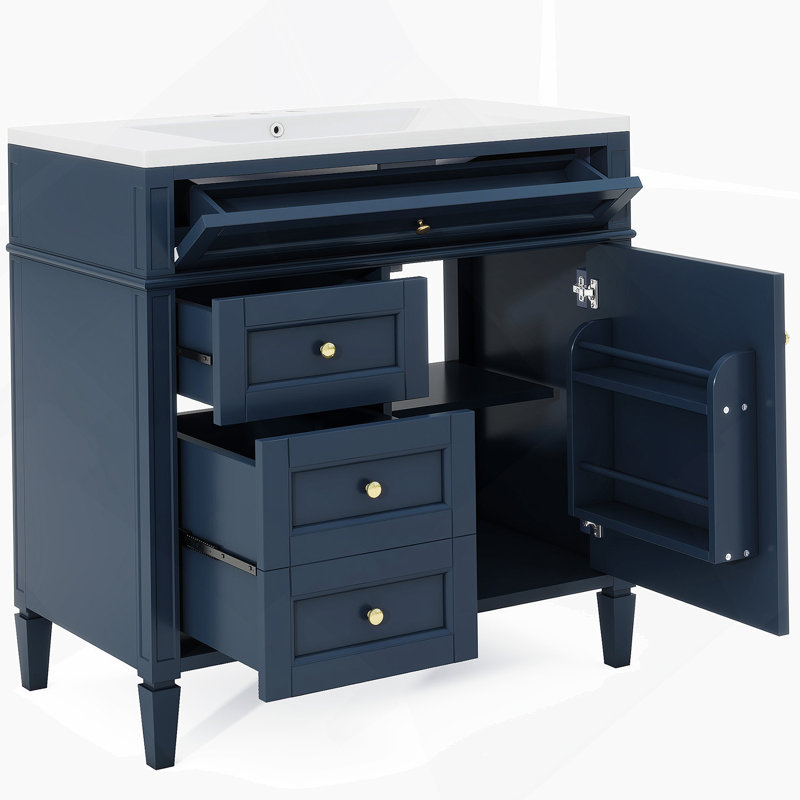 Meuble-lavabo de salle de bain avec lavabo, armoire de rangement de salle de bain avec tiroir basculant, lavabo simple, Bleu