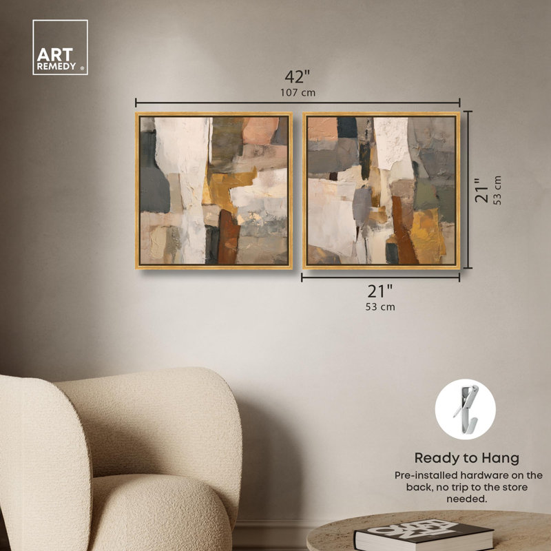 Patchwork Plains Duo Canvas Print Beige Wall Decor Set by Art Remedy, Black Frame, 12 x 12, 21" H x 21" W, Gold Frame