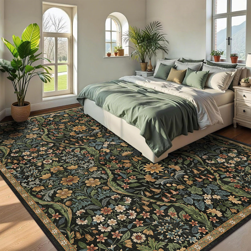 Washable Area Rug - Vintage Boho Botanical Low-Pile Rug, Rectangle 8' x 10', Black/Brown