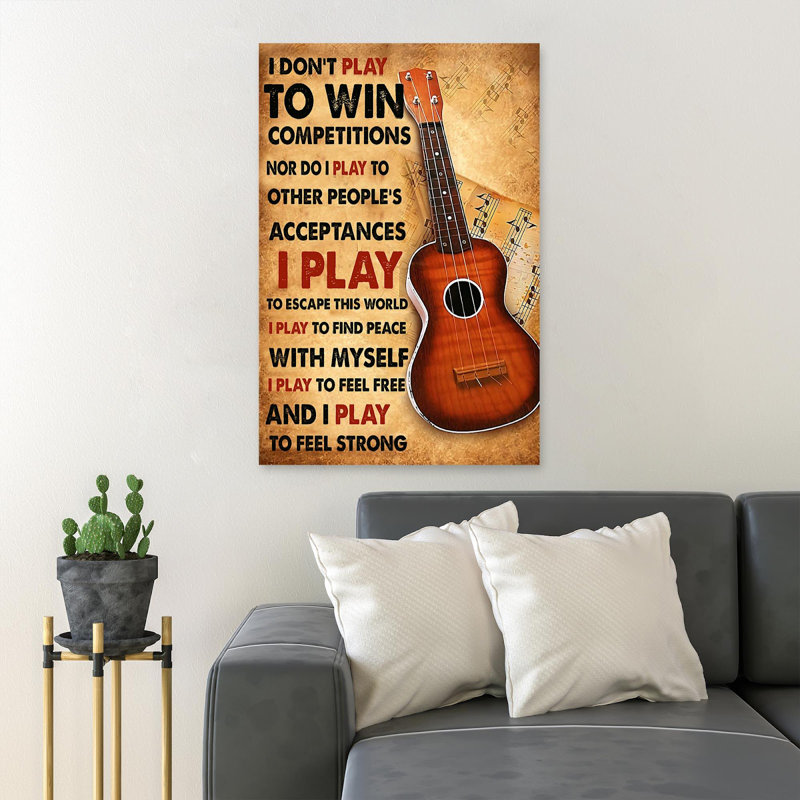 «Guitare sur fond brun - I Don't Play To Win», reproduction d'art graphique sur toile tendue, H 36 po x l 24 po x P 2 po
