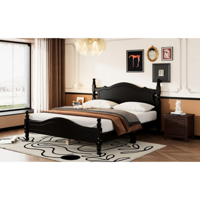 Black Queen Size Bed, Retro Wood Slat Frame For A Good Night's Sleep Platform With Back