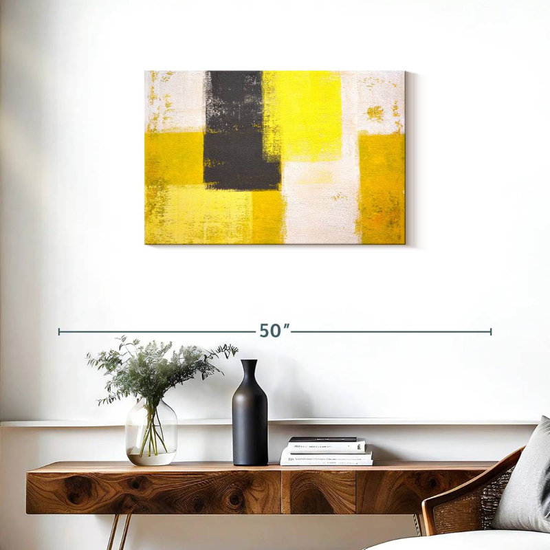 Avery jaune et gris abstrait, H 20 po x l 30 po