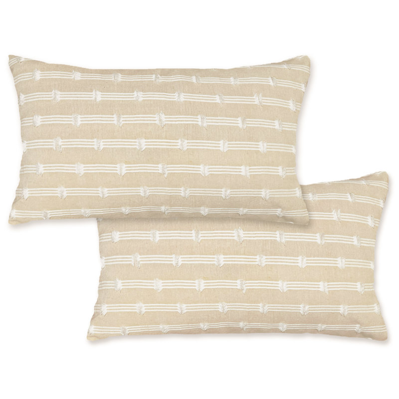 Beige and White Cotton Polyester Striped Lumbar Pillow Cover Set