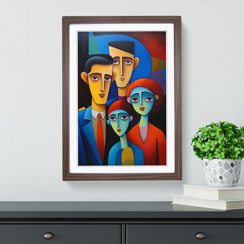 Loving Family Hard Edge Painting - Single Picture Frame Print on Wood, Walnut Framed, 34cm H x 25cm W x 2cm D