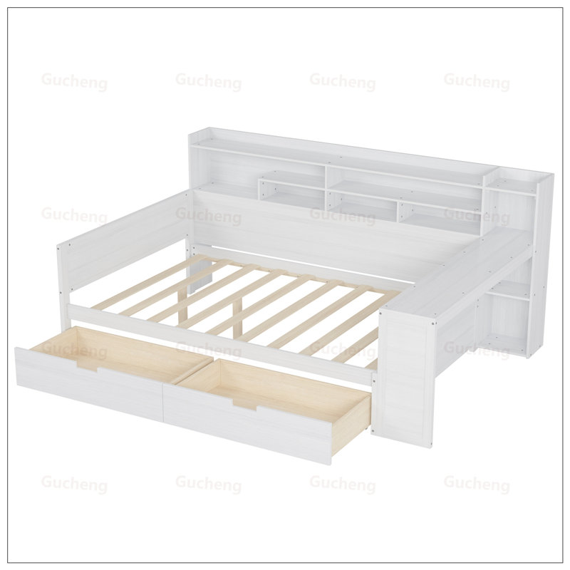 Multifunctional Wood Daybed with Drawers, Shelves, and Built-in Desk for Space-Saving and Productivity, White