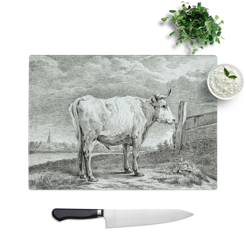 Tempered Glass Bull in a Meadow Chopping Board, 28.5 cm W x 20 cm L