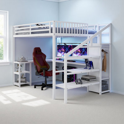 Metal Queen Loft Bed With Wardrobe And LED Light, Queen Size Loft Bed With L Shaped Desk And USB For Kids Teens Adults