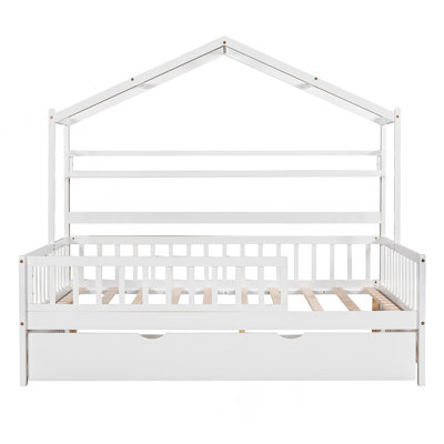Wooden House Bed With Twin Size Trundle