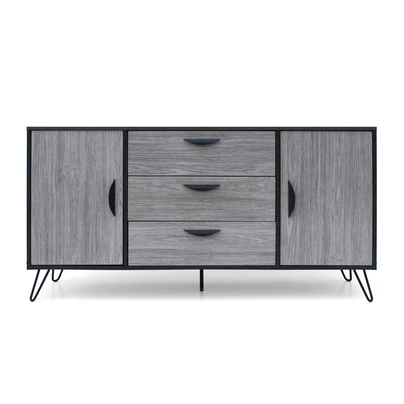 Console de buffet avec 3 tiroirs, 2 portes, 59 pouces, fer, bois gris