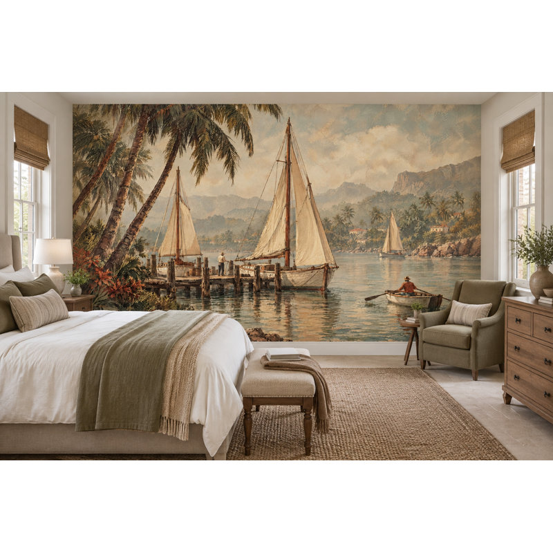 Papier peint paysage nautique tropical, 160 po x 108 po, Peler et coller