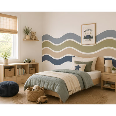 50-Inch Wide Sage Green and Blue Scandinavian Wave Stripe Wall Decal Set
