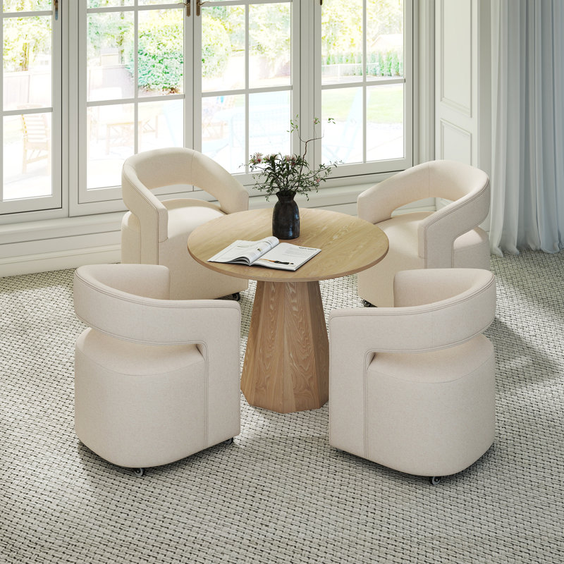 Table de salle à manger moderne en bois et chaise rembourrée avec roulettes, 5 pièces: table, 4 chaises, Brun, Beige