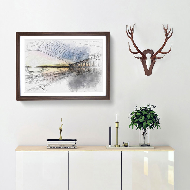 Pier in San Diego Sketch - Picture Frame Graphic Art Print, 62cm H x 87cm W x 2cm D, Walnut Framed