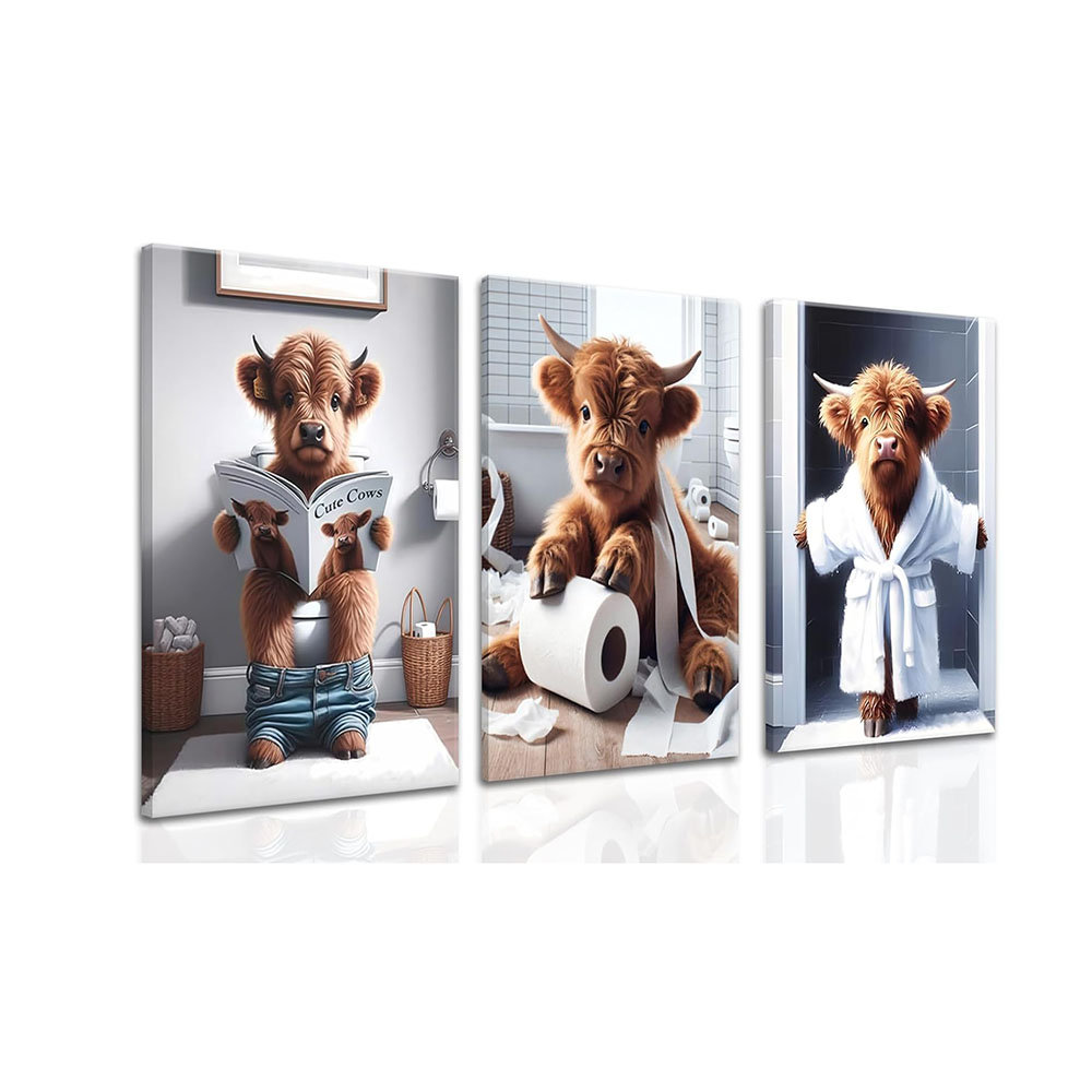 Highland Cow Funny Bathroom Wall Art Set Of 3 Brown Cute Cow Animal Canvas Posters Prints Vintage Rustic Farmhouse Home Pictures Wall Decor Painting F