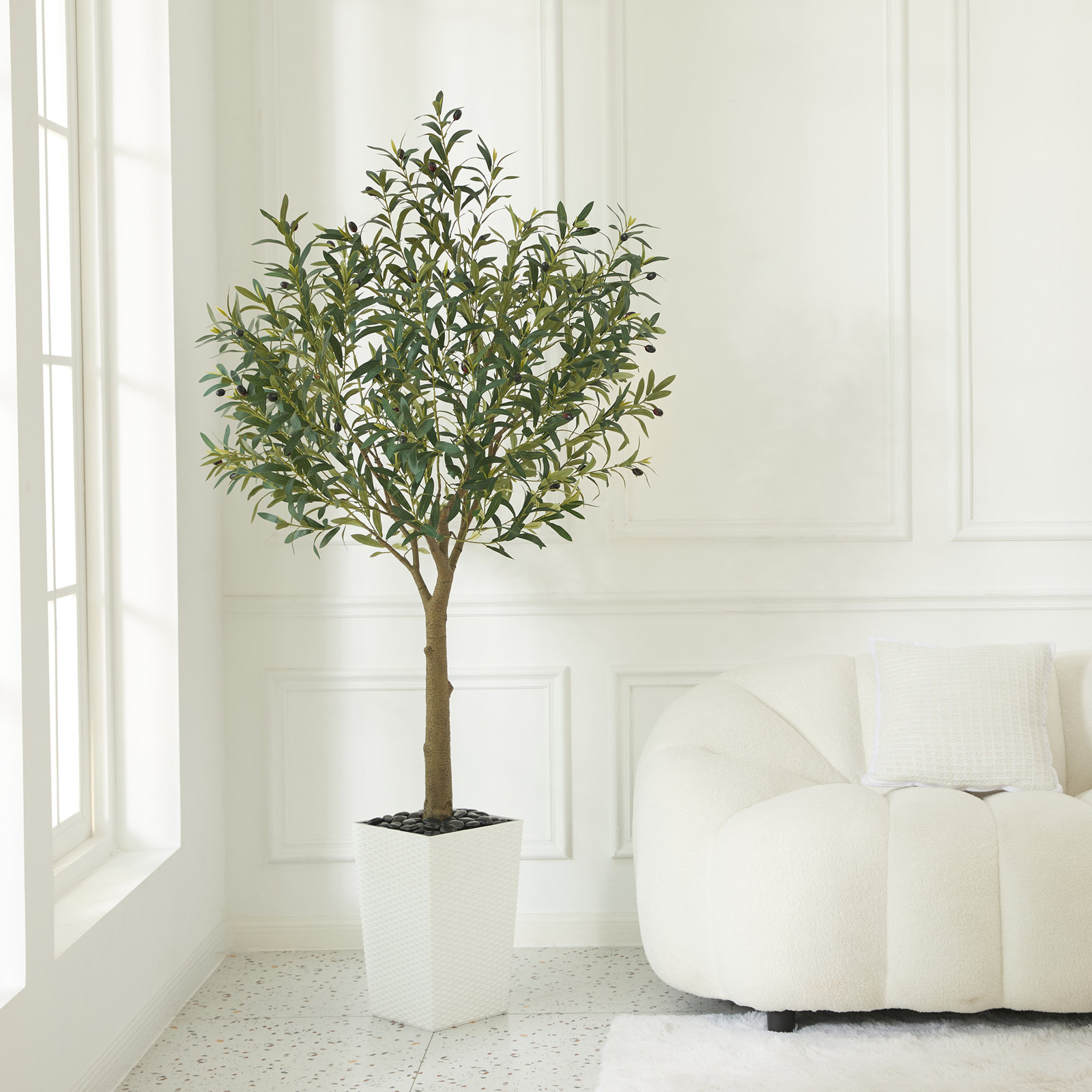 Altera UV Resistant Artificial Olive Tree for Indoor & Outdoor Decor, Large Plastic Base with Pebbles, 72" H x 24" W x 24" D