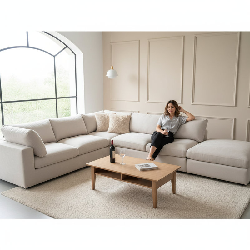 Beige Linen - Look Modular Sectional Sofa, Solid Wood & Multi - Layer Board Frame