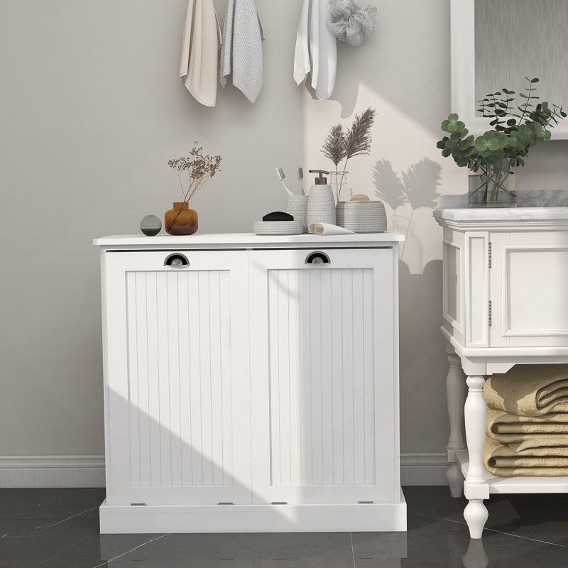 Two-Compartment Tilt-Out Laundry Sorter Cabinet-White, White