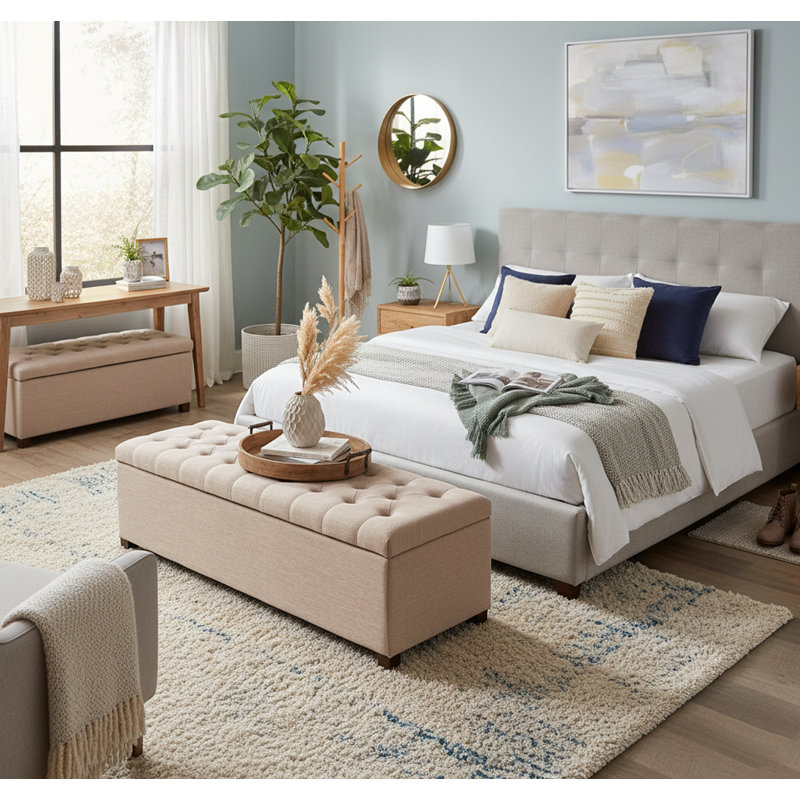 Linoso Chesterfield Storage Ottoman Bench, Tufted Upholstered Footstool with Hinged Lid and Square Wooden Legs, Sand Linoso