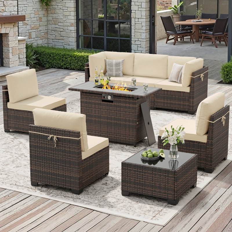 6 Person Outdoor Wicker Furniture Set, Beige