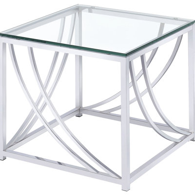 Square End Table With Finish, Glass Top, Strong Metal Legs, 18.84 Inches Tall, 19.31 Wide And Deep Glass, Sleek Metallic Look, Deep, High