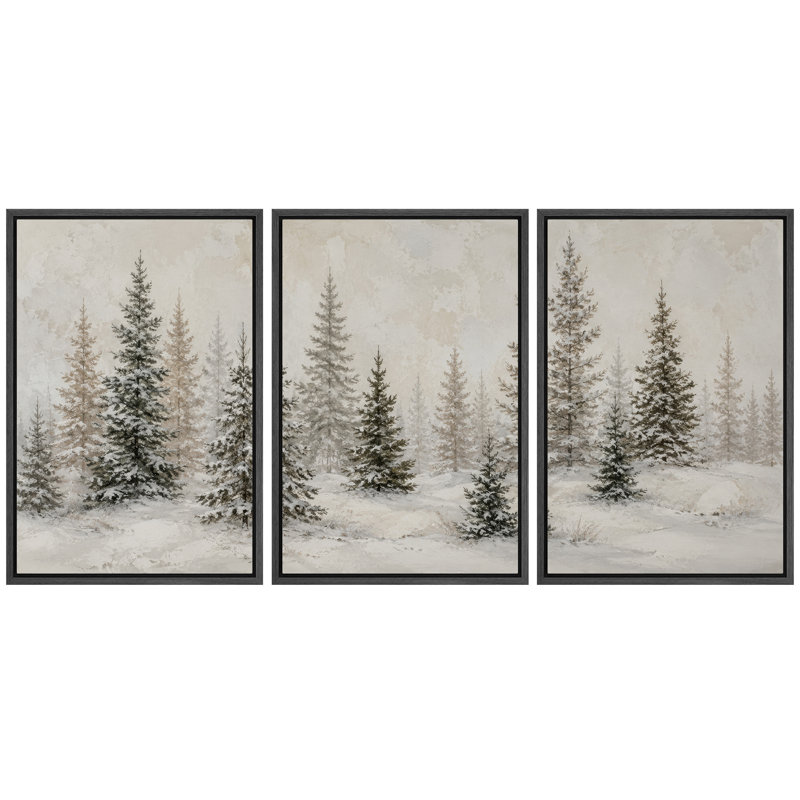 «Winter Pine Forest Landscape», art de chambre à coucher, impression sur toile encadrée, 3 pièces, Cadre noir