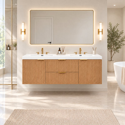 59.3 Inch Double Sink Bathroom Vanity with SMC Resin Top, Painted MDF Cabinet, Soft Close Doors, Divided Drawers, Wall-Mounted Modern Storage Vanity for Large Bathrooms