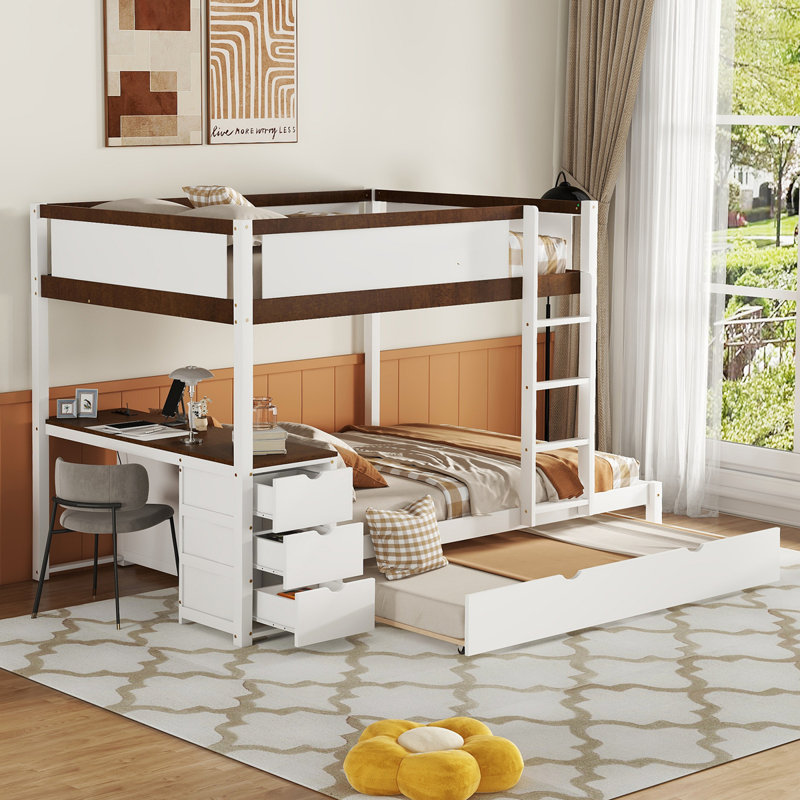Lit superposé avec lit gigogne, rangement et bureau, Blanc/noyer, Double sur double