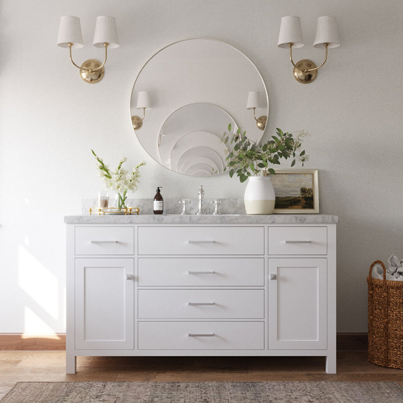 Meuble-lavabo simple 60 po avec plateau en marbre blanc de Carrare Abbate, Blanc, Ovale