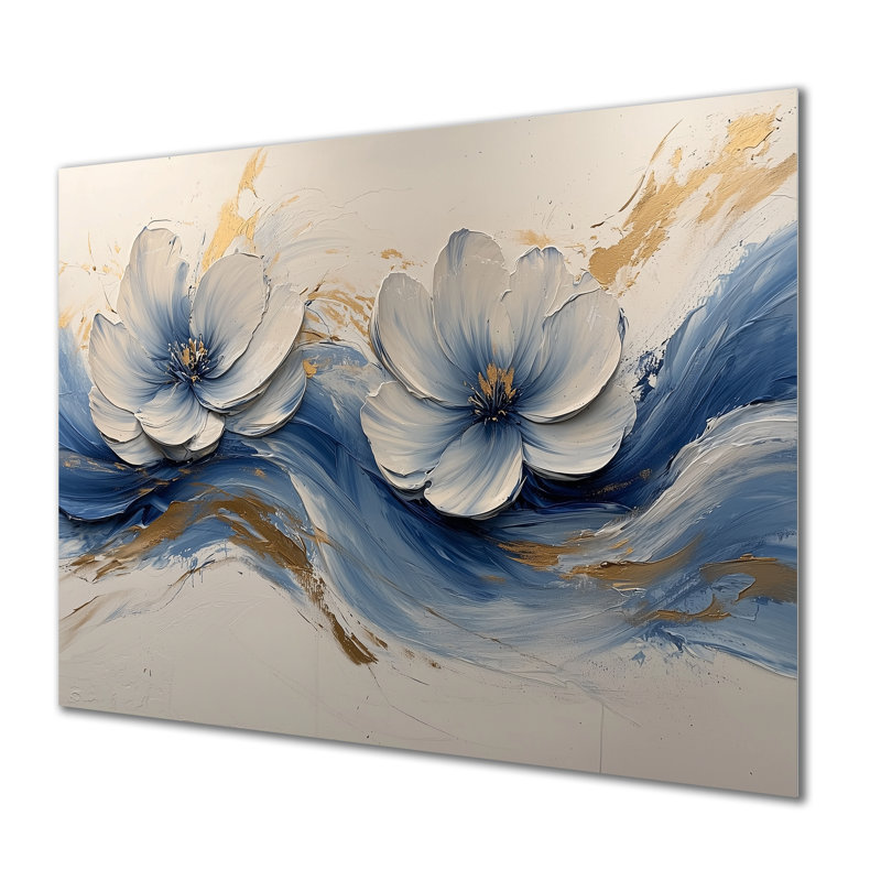 «White Velvet Blue Chrysanthemums Ink River V», art mural impression sur métal, H 34 po x l 44 po