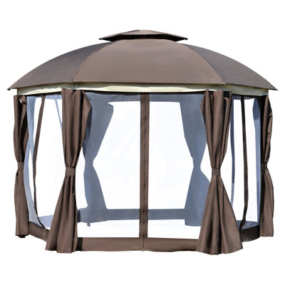 Brown 12' X Gazebo - Double Roof, Strong Frame. Great For Poolside, Patio, Garden. Netting Sidewalls, Privacy Curtains, Zipper Access Round, Roof. Steel Outdoor Parties. Includes Curtains & Door
