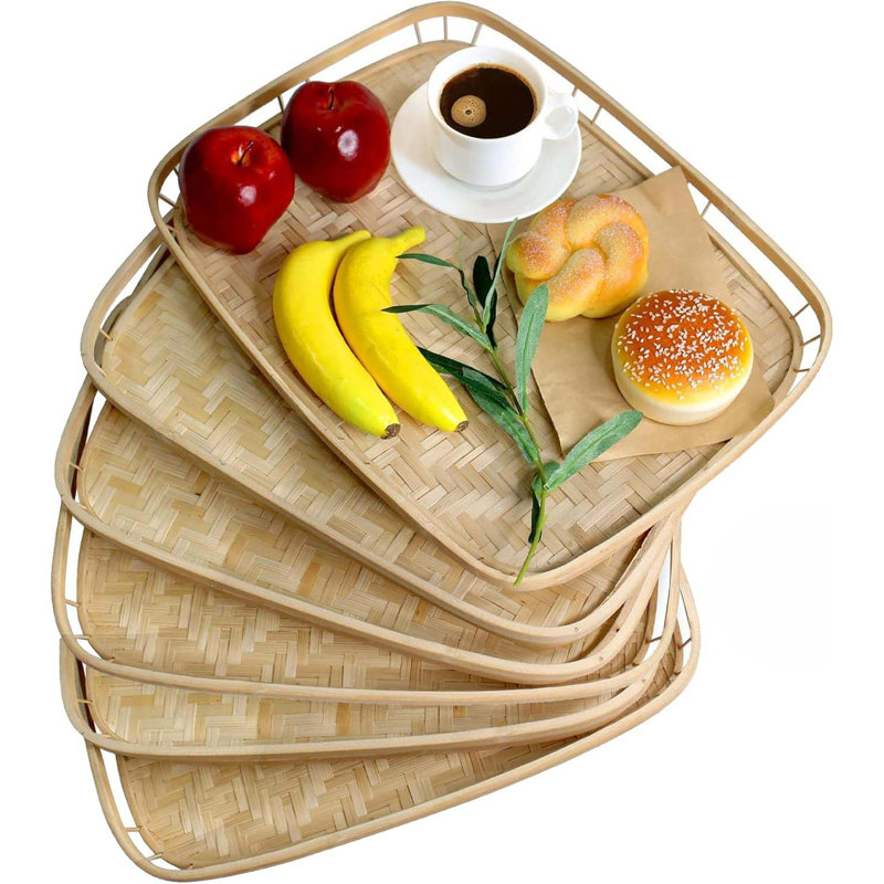 Set Of 4 Bamboo Wicker Serving Trays For Foods & Drinks, Rectangular Breakfast Lap Trays With Handles Wooden Decorative Platters For Coffee Table, Bed Eating