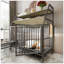 Grande cage pour animaux avec support de rangement et bassins en acier inoxydable, structure en fer à double couche et panneau de fibres à densité moyenne, robuste et pratique (noir et beige)