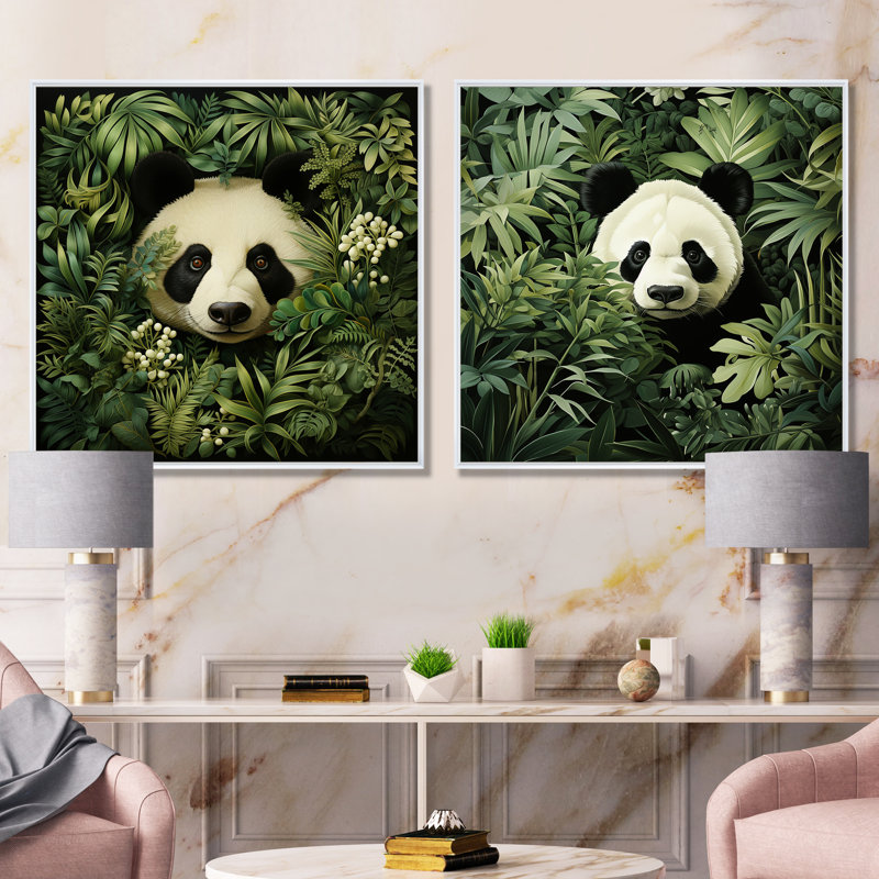 Ensemble de 2 décorations murales en bambou Hideaway Panda, H 30 po x l 61 po x P 1 po, Cadre flottant blanc