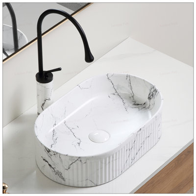 Lavabo vasque ovale avec revêtement en marbre, lavabo en céramique durable pour salle de bain moderne, avec robinet et drain