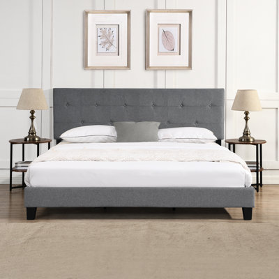 King Size Platform Bed With Fabric Headboard - No Box Spring Required Gray Easy Assembly 79.43 In. Width 600 Lbs Load Capacity 93.5 Lb Package Upholstered Button To Assemble 89.39 Depth