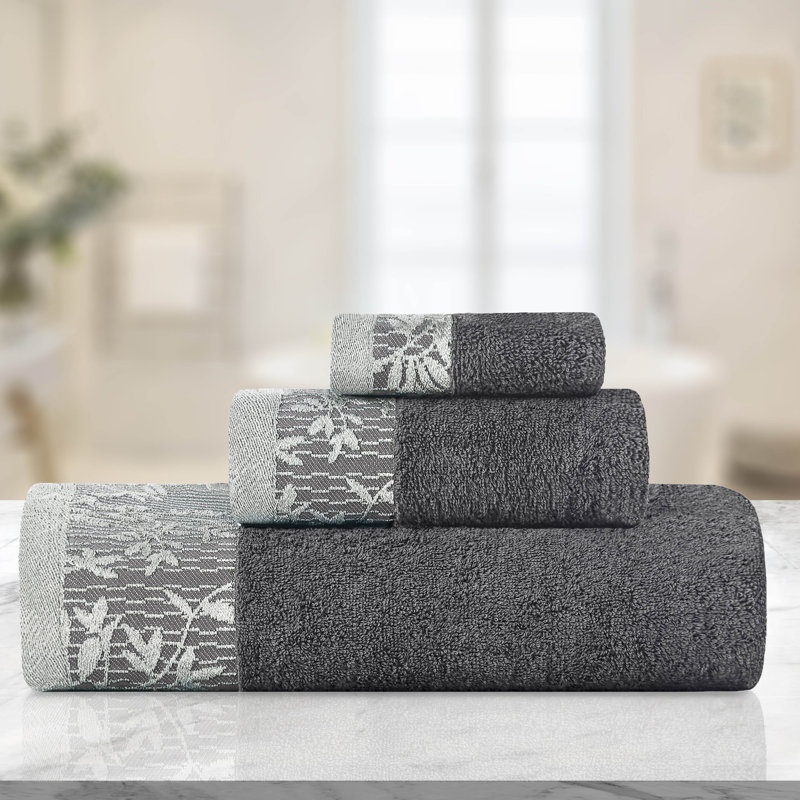 Ensemble de serviettes de bain en coton de poids moyen à bordure florale en jacquard pour la salle de bain Carinna, Gris