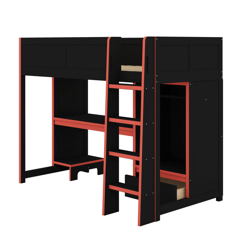 Lit mezzanine simple en bois avec bureau intégré, garde-robe, DEL et tiroir, Lit simple