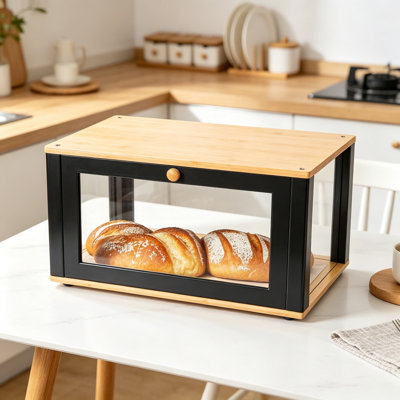 Boîte à pain en bambou pour comptoir de cuisine, contenant à pain avec fenêtre en acrylique transparent, design classique moderne pour la pâtisserie et les produits de boulangerie