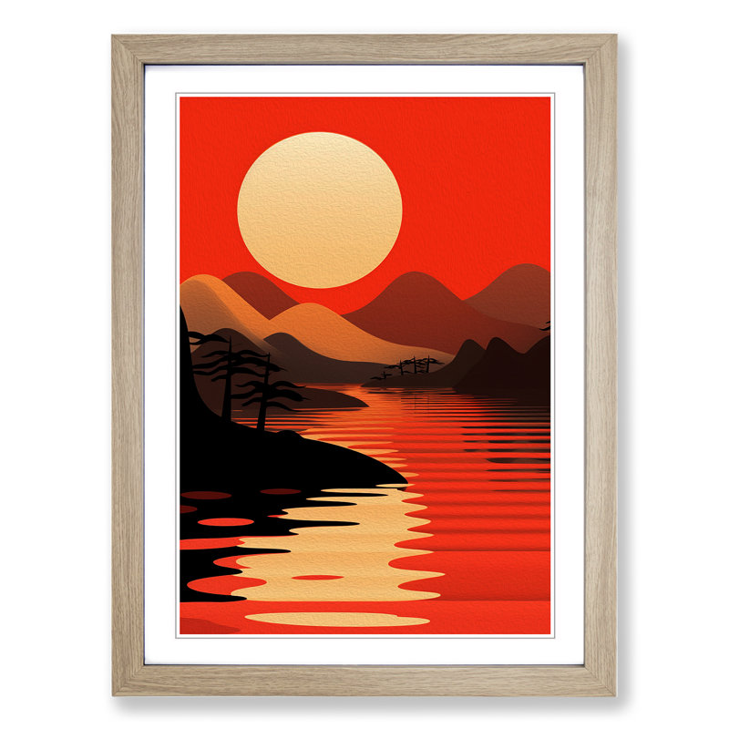 Japanese Sunset Constructivism No.2 - Single Picture Frame Print on Wood, Oak, 34cm H x 25cm W x 2cm D