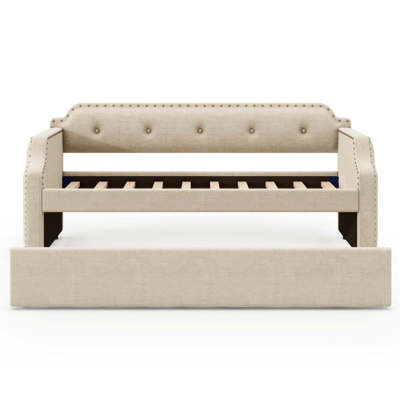 Lit de jour rembourré simple avec lit gigogne escamotable, support en lattes de bois massif et structure rembourrée douce, canapé-lit multi-usages, beige